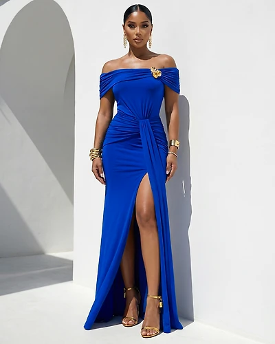 Maraya Royal-Blue Gold Broach Off-Shoulder Maxi Dress