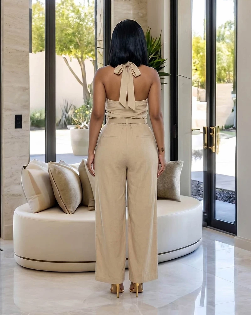 Lainey Beige Draped Halter Top & Pants Set