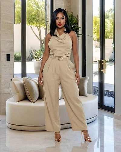 Lainey Beige Draped Halter Top & Pants Set