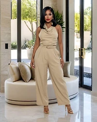 Lainey Beige Draped Halter Top & Pants Set