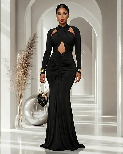 Prudence Black Cut-Out Ruched Maxi Dress