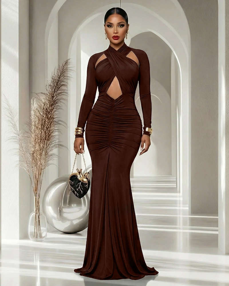 Prudence Chocolate Brown Cut-Out Ruched Maxi Dress