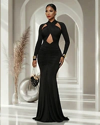 Prudence Black Cut-Out Ruched Maxi Dress