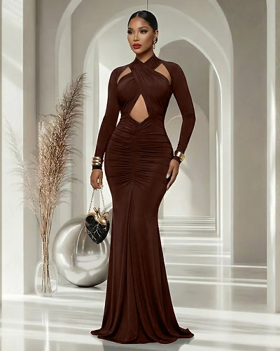 Prudence Chocolate Brown Cut-Out Ruched Maxi Dress