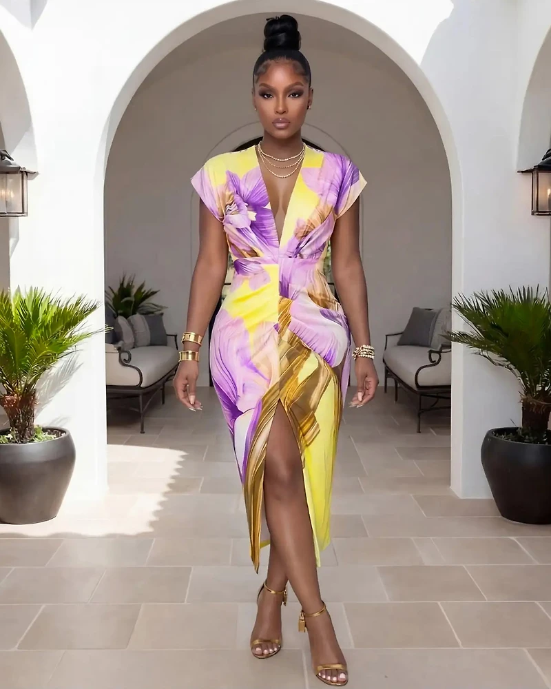 Bottarie Lilac Lemon Print Deep V Neck Midi Dress