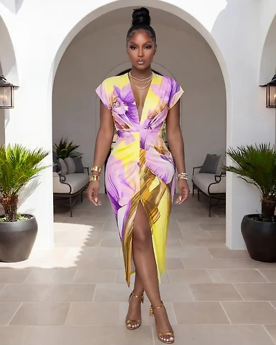 Bottarie Lilac Lemon Print Deep V Neck Midi Dress