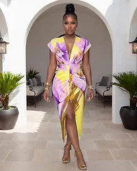 Bottarie Lilac Lemon Print Deep V Neck Midi Dress