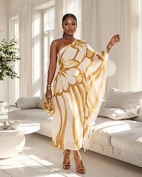 Kassia Camel White One Shoulder Chiffon Midi Dress (SHIPS 3/11)