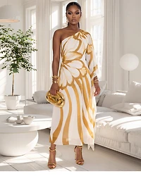 Kassia Camel White One Shoulder Chiffon Midi Dress (SHIPS 3/11)