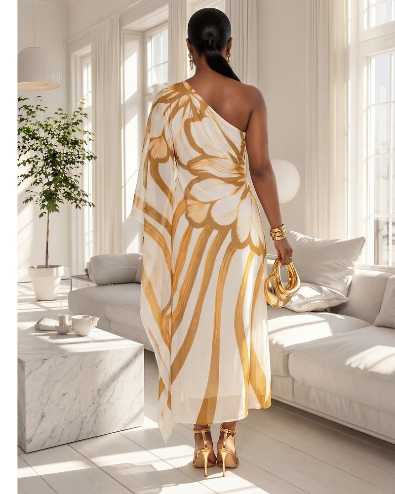 Kassia Camel White One Shoulder Chiffon Midi Dress (SHIPS 3/11)