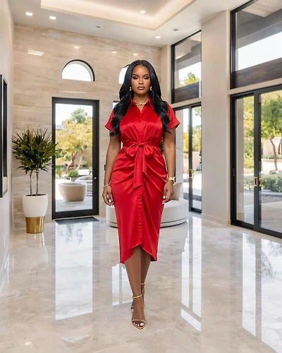 Gustave Red Draped Silky Midi Dress