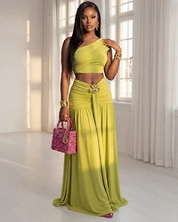 Faena Lime Gold Broach Top & Maxi Skirt Set (SHIPS 3/11)