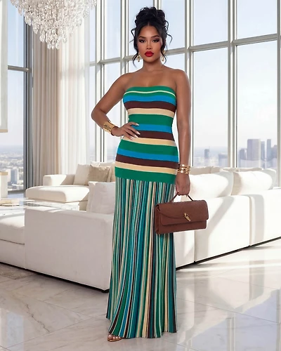 Gallene Teal Multi-Color Stripes Knit Maxi Dress