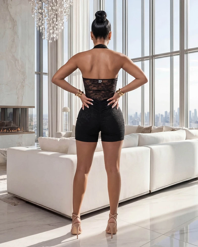 Mireille Black Lace Accent Halter Romper