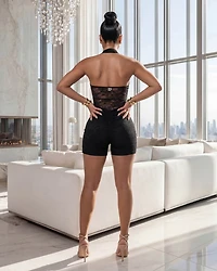 Mireille Black Lace Accent Halter Romper