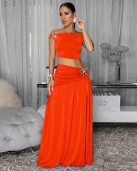 Venezia Orange Gold Broach Top & Maxi Skirt Set