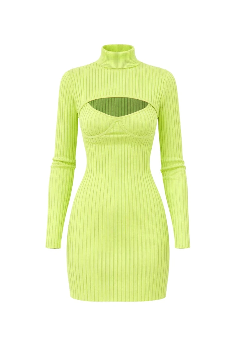 Cassio Neon Green Cut-Out Bust Ribbed Mini Dress