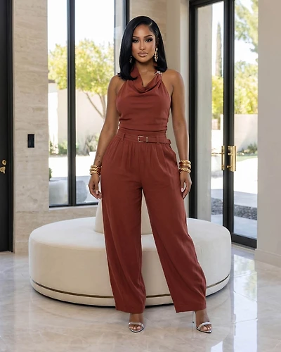 Lainey Clay Draped Halter Top & Pants Set