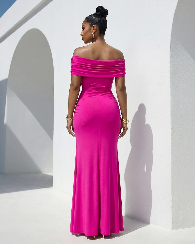 Maraya Fuchsia Gold Broach Off-Shoulder Maxi Dress