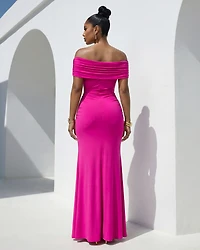 Maraya Fuchsia Gold Broach Off-Shoulder Maxi Dress