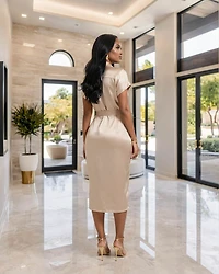 Gustave Champagne Draped Silky Midi Dress