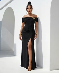 Maraya Black Gold Broach Off-Shoulder Maxi Dress