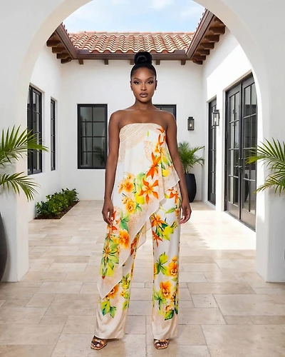 Bebesita Beige Multi-Color Print Strapless Jumpsuit