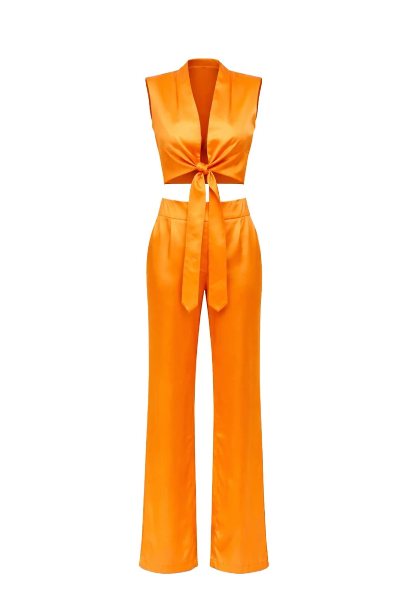 Karri Orange Silky Crop Top & Pants Set