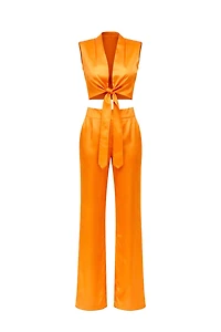 Karri Orange Silky Crop Top & Pants Set