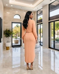 Larrine Peach Top & Slit Skirt Satin Set
