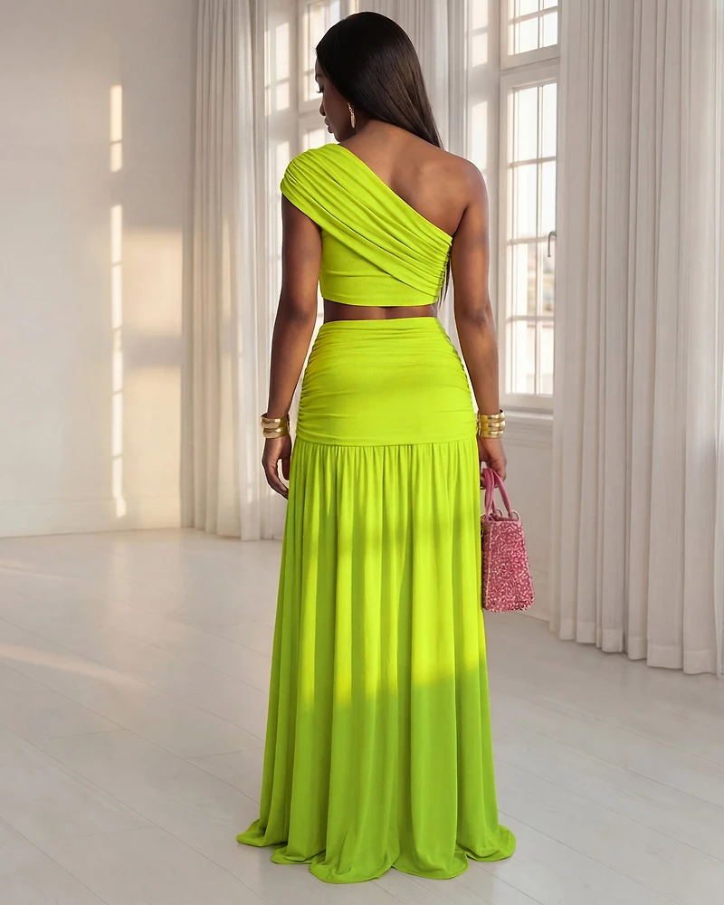Faena Lime Gold Broach Top & Maxi Skirt Set