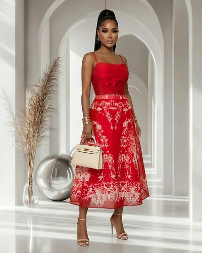 Amaris Red Print LUXE Top & Skirt Set