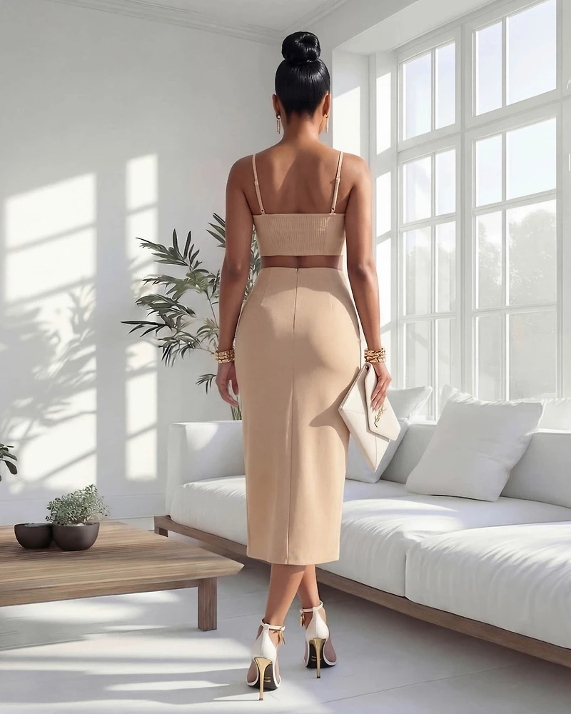 Delianna Mocha White Trim Scallop Top & Midi Skirt Set