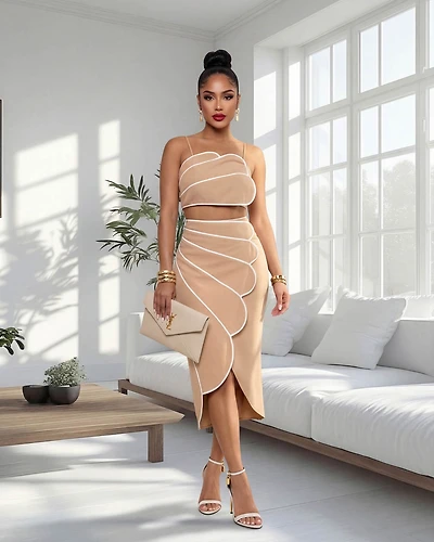 Delianna Mocha White Trim Scallop Top & Midi Skirt Set