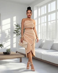 Delianna Mocha White Trim Scallop Top & Midi Skirt Set