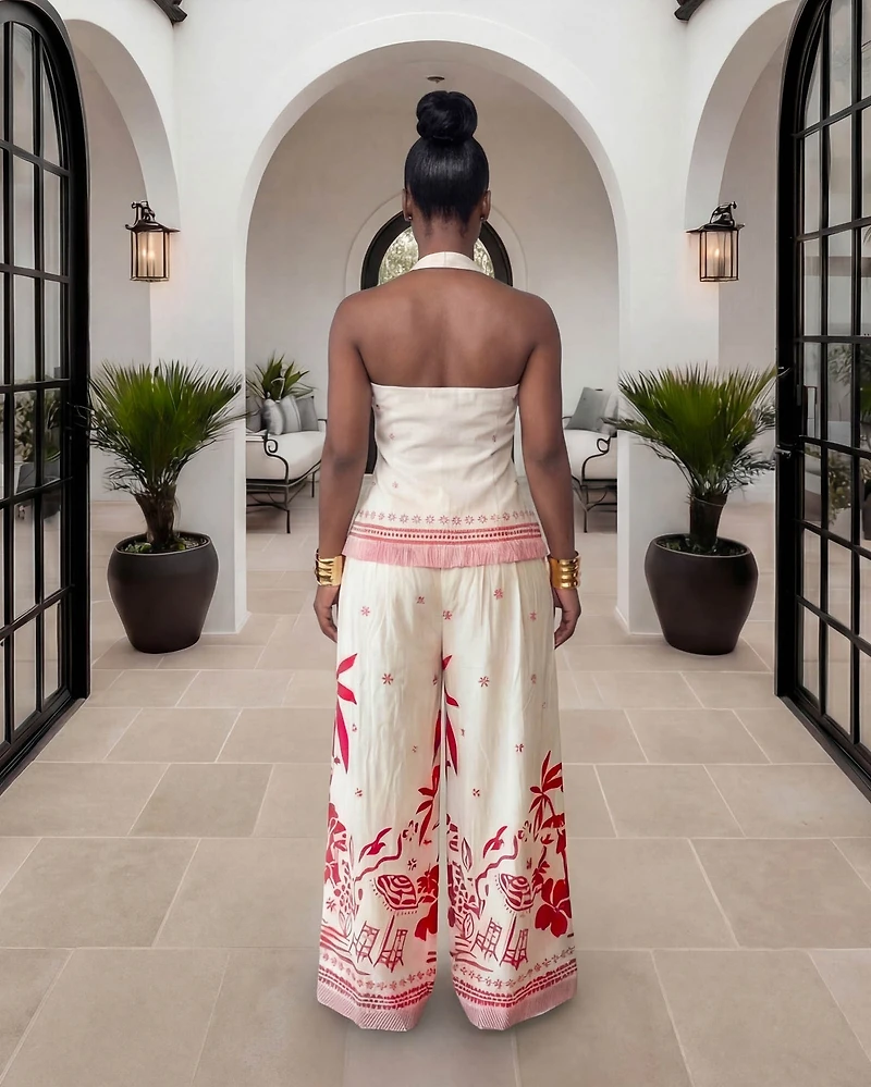 Shayna Beige Red Print Halter Pants Set