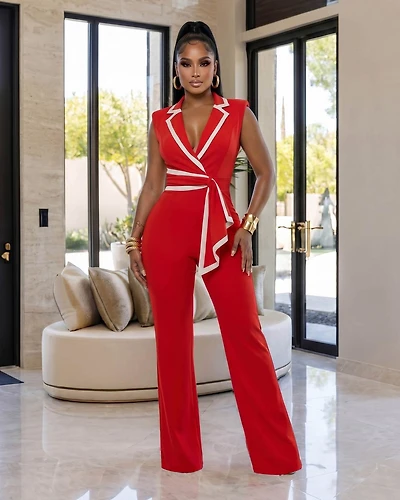 Salley Red White Trim Belted Jumpsuit