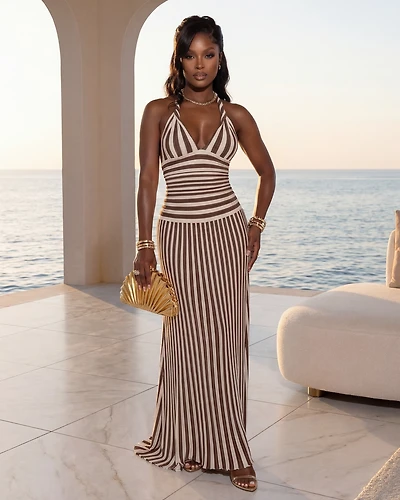 Sollane Mocha White Stripes Halter Maxi Dress (SHIPS 3/11)