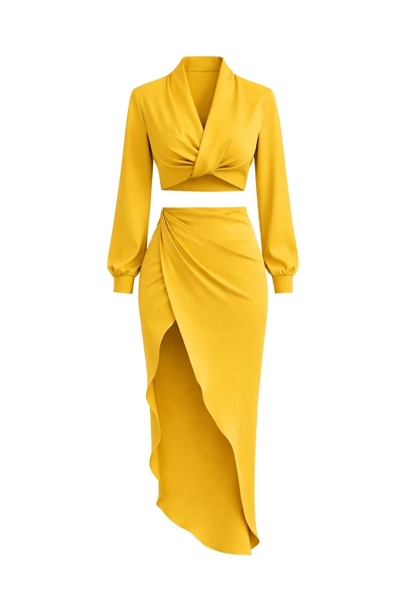 Larrine Mustard Yellow Top & Slit Skirt Satin Set