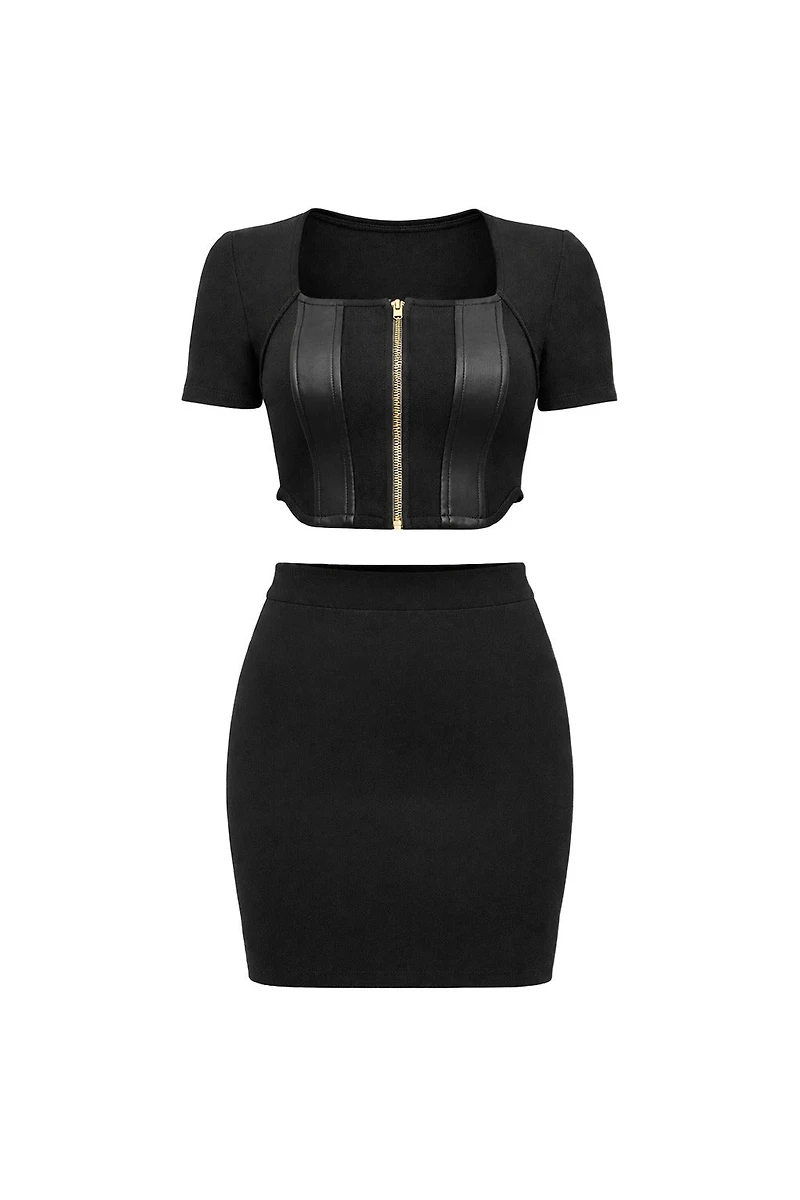 Chayo Black Leather Accents Top & Mini Skirt Set