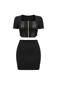 Chayo Black Leather Accents Top & Mini Skirt Set