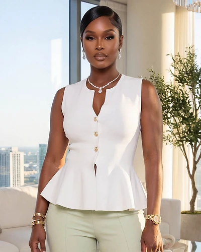 Calista White Gold Buttons Knit Peplum Top