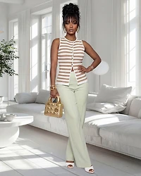 Dottie Taupe White Stripes Textured Knit Top