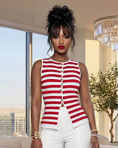 Dottie Red White Stripes Textured Knit Top