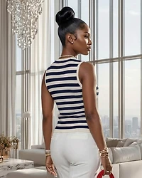 Dottie Navy-Blue White Stripes Textured Knit Top