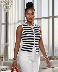 Dottie Navy-Blue White Stripes Textured Knit Top