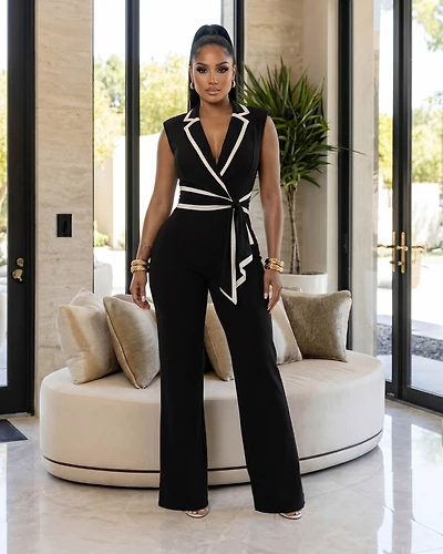 Salley Black White Trim Belted Jumpsuit