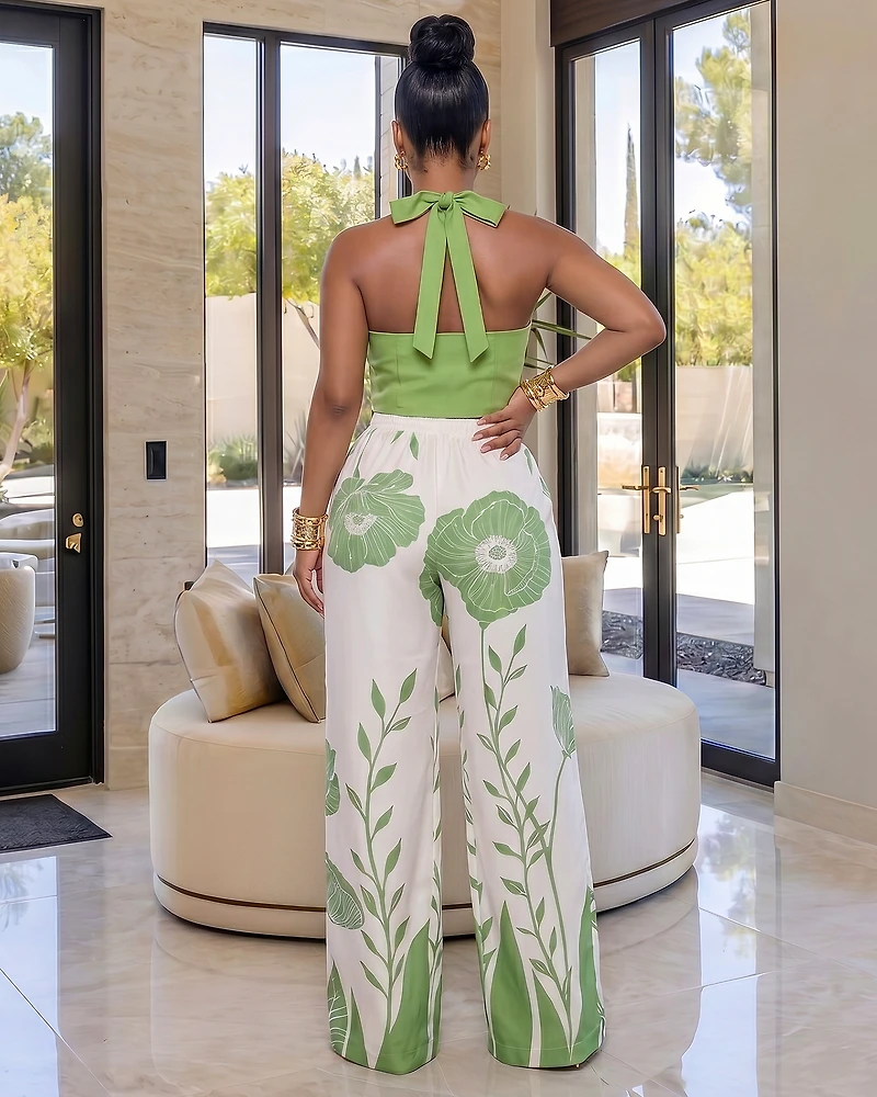 Safira Green Off-White Print Vest & Pants Set