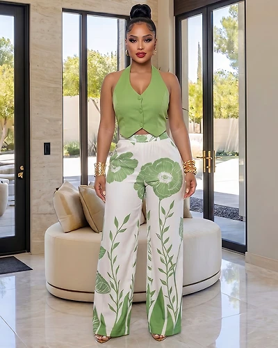 Safira Green Off-White Print Vest & Pants Set