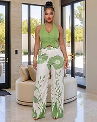 Safira Green Off-White Print Vest & Pants Set